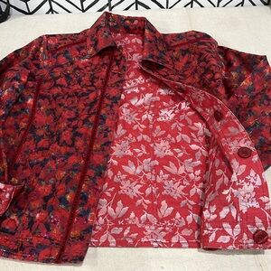 Reversible Coldwater Creek Button-Up Candy Apple Red Floral Design Jacket, Sz S